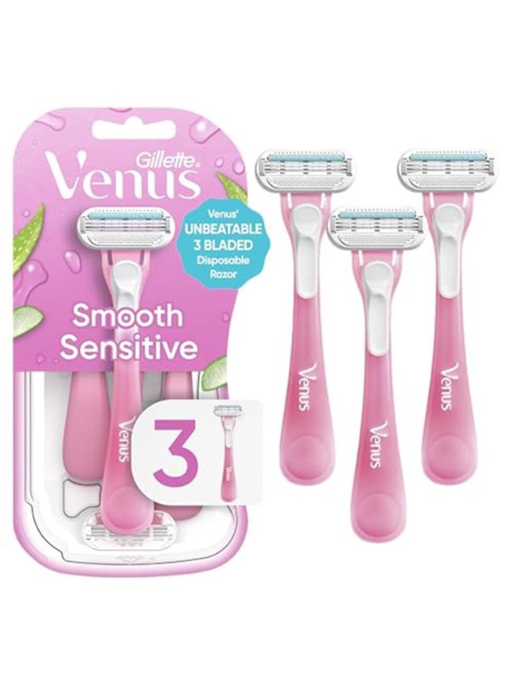Venus Sensitive Women's Disposable Razors - Single Package of 3 Razors